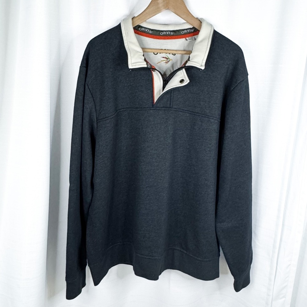 Orvis Men's XXL Signature 1/4 Zip Sweatshirt Navy Blue Fly Fishing Pullover EUC